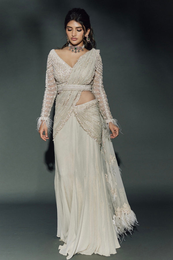 Sree Leela in Off-white Shimmer Drape Saree