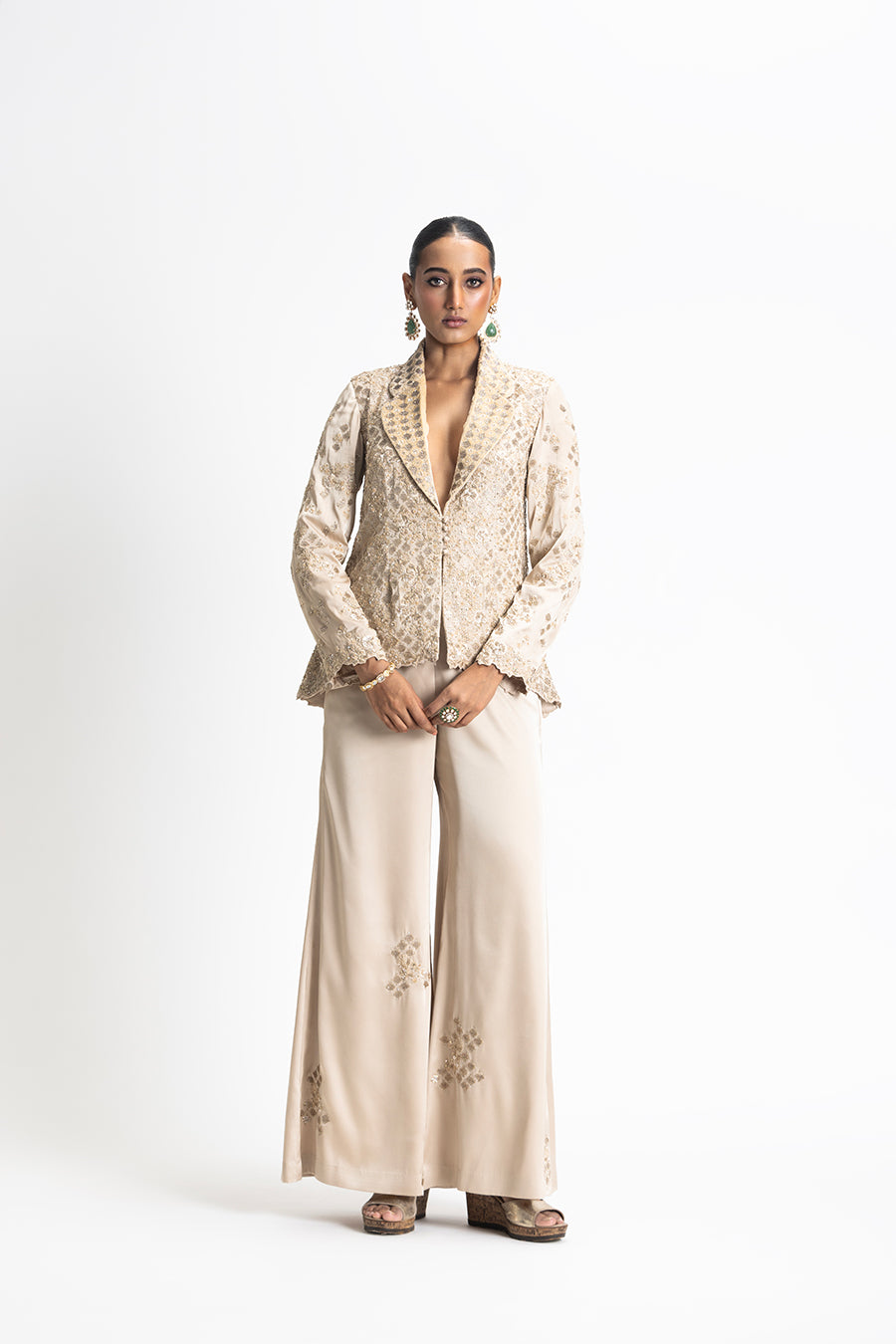 GOLD SATIN JACKET TROUSER SET Nitika Gujral