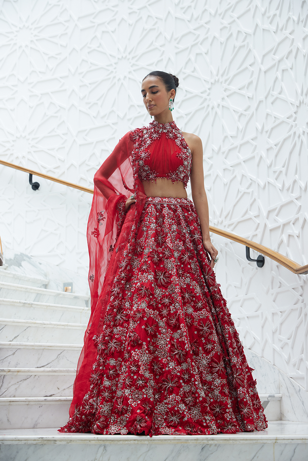 RED RAW SILK 3-D FLORAL EMBROIDERED LEHENGA SET