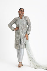 GREY NET JACKET AND DUPATTA WITH BUSTIER AND TROUSER