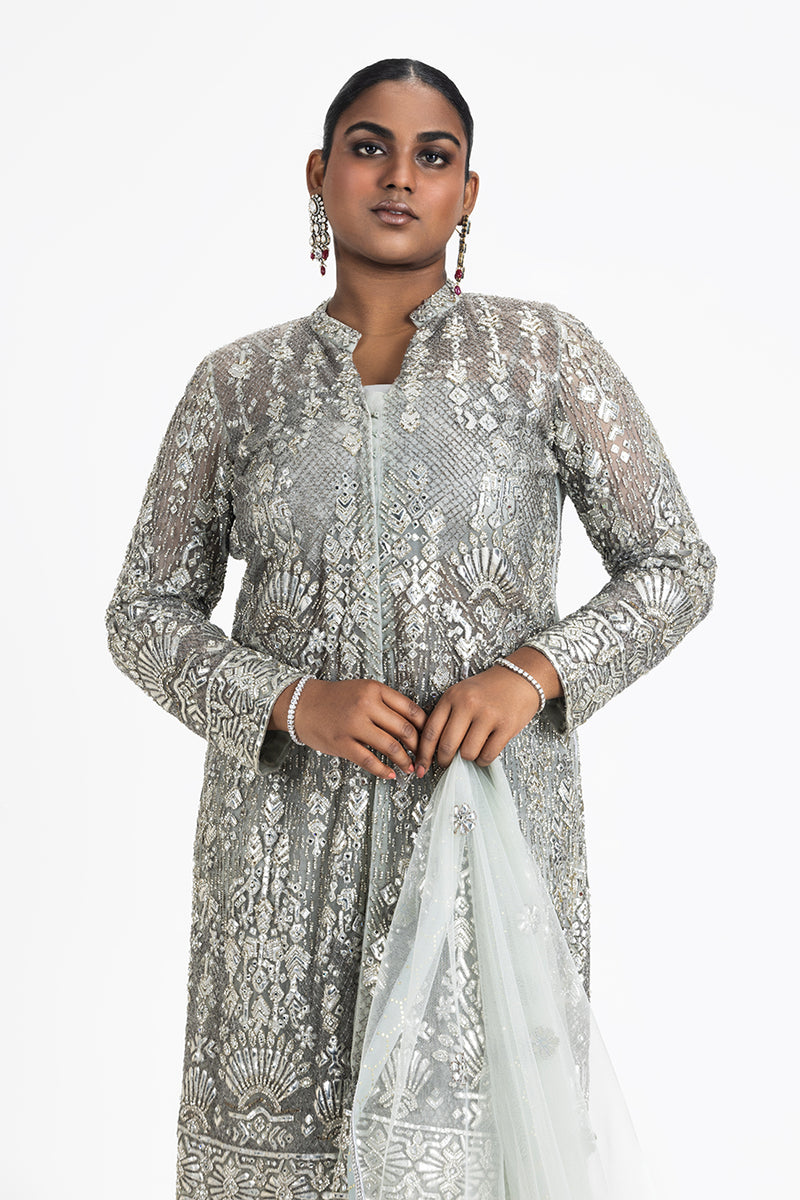 GREY NET JACKET AND DUPATTA WITH BUSTIER AND TROUSER