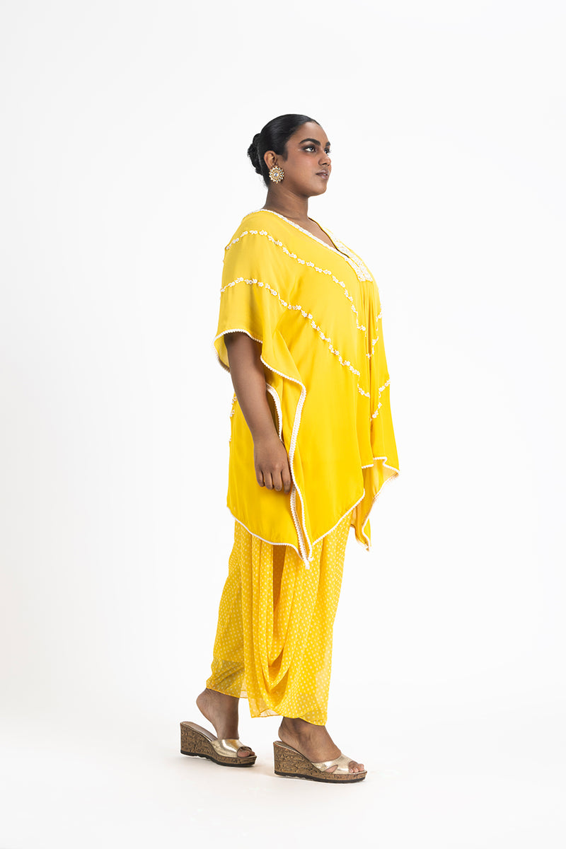YELLOW GEORGETTE TUNIC WITH PRINTED GEORGETTE COWL SALWAR