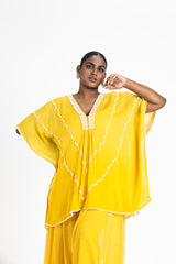 YELLOW GEORGETTE TUNIC WITH PRINTED GEORGETTE COWL SALWAR