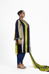 MULTI COLOUR VELVET PANNELED TUNIC WITH GUNMETAL EMBROIDER AND DHOTI SALWAR
