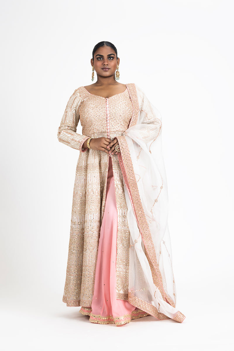 IVORY ORGANZA JACKET AND DUPATTA WITH PINK OMBRE GGT SHARARA