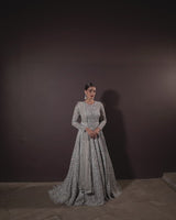 Grey Tulle Gown & Dupatta With Trail