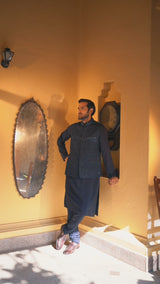 Navy Blue Kurta Churidar with Raw Silk all over Embroidered Nehru Jacket