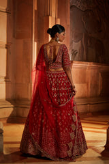 Blood Red Raw Silk Bridal Lehenga Choli Set with Tulle Dupatta