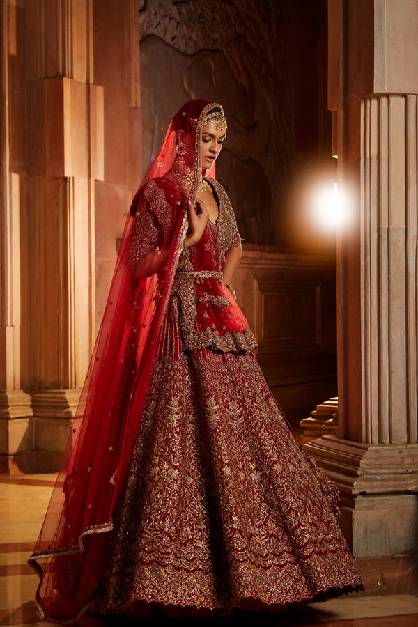 Blood Red Raw Silk Lehenga Choli and Belt with Tulle Dupatta with an Optional Lighter Second Dupatta