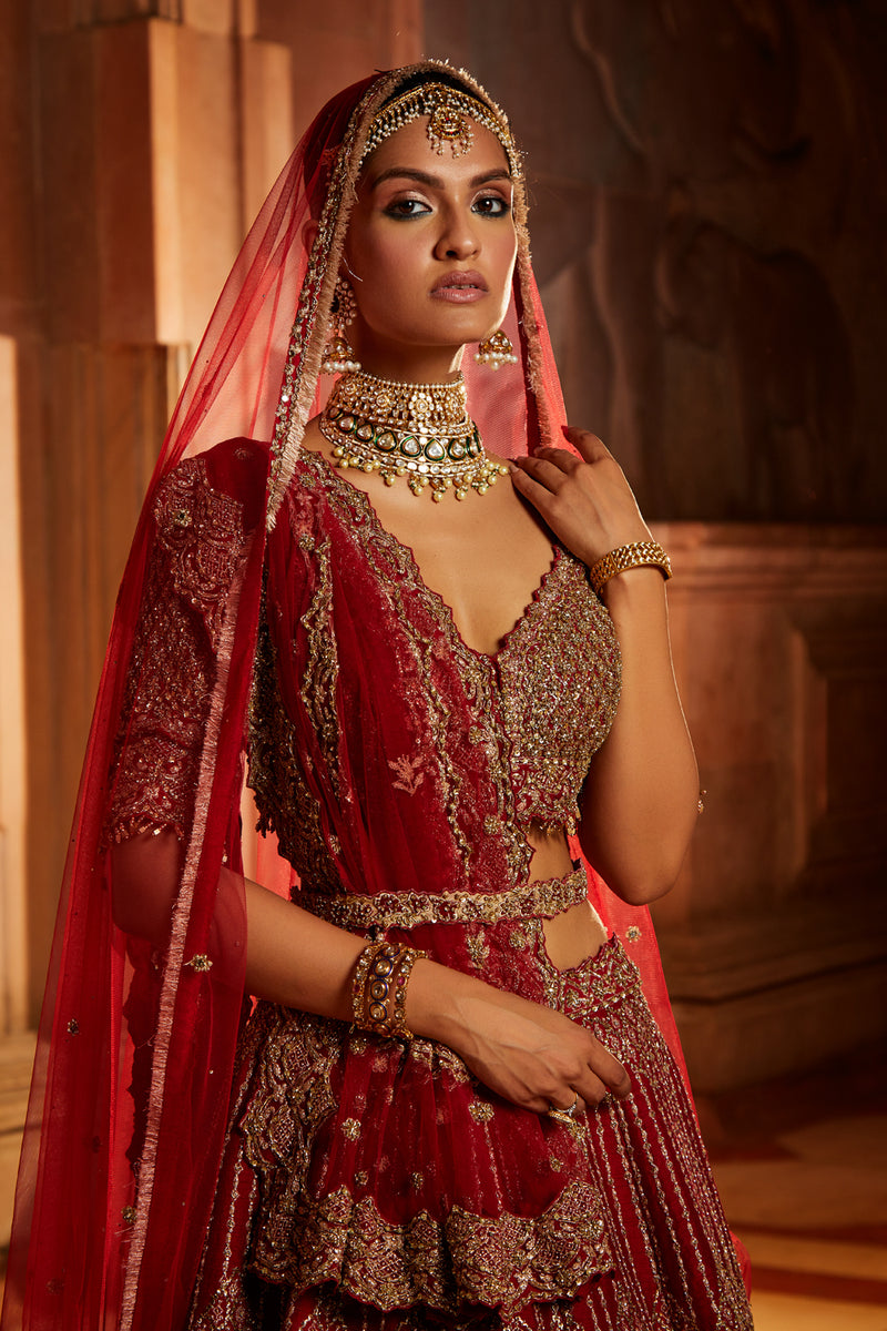 Blood Red Raw Silk Lehenga Choli and Belt with Tulle Dupatta with an Optional Lighter Second Dupatta