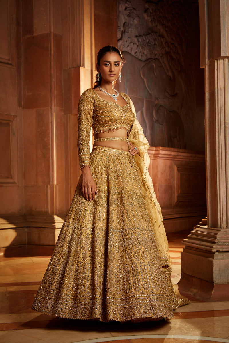 Buy Gold Net Dupatta Tulle V Neck Bead Embellished Bridal Lehenga Set For  Women by Seema Gujral Online at Aza Fashions.