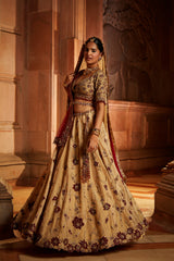 Gold Tissue Lehenga Choli and Belt with contrasting Red Tulle Dupatta and Optional Gold Tissue Second Dupatta