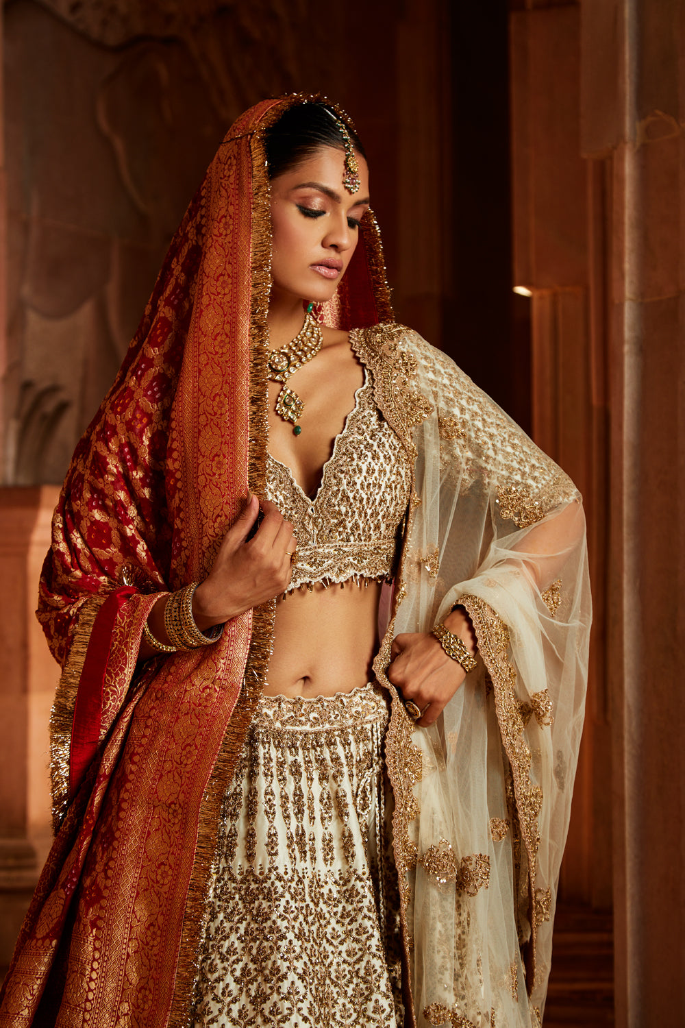 Peach Tafetta Lehenga Choli with a Worked Belt and Tulle Dupatta