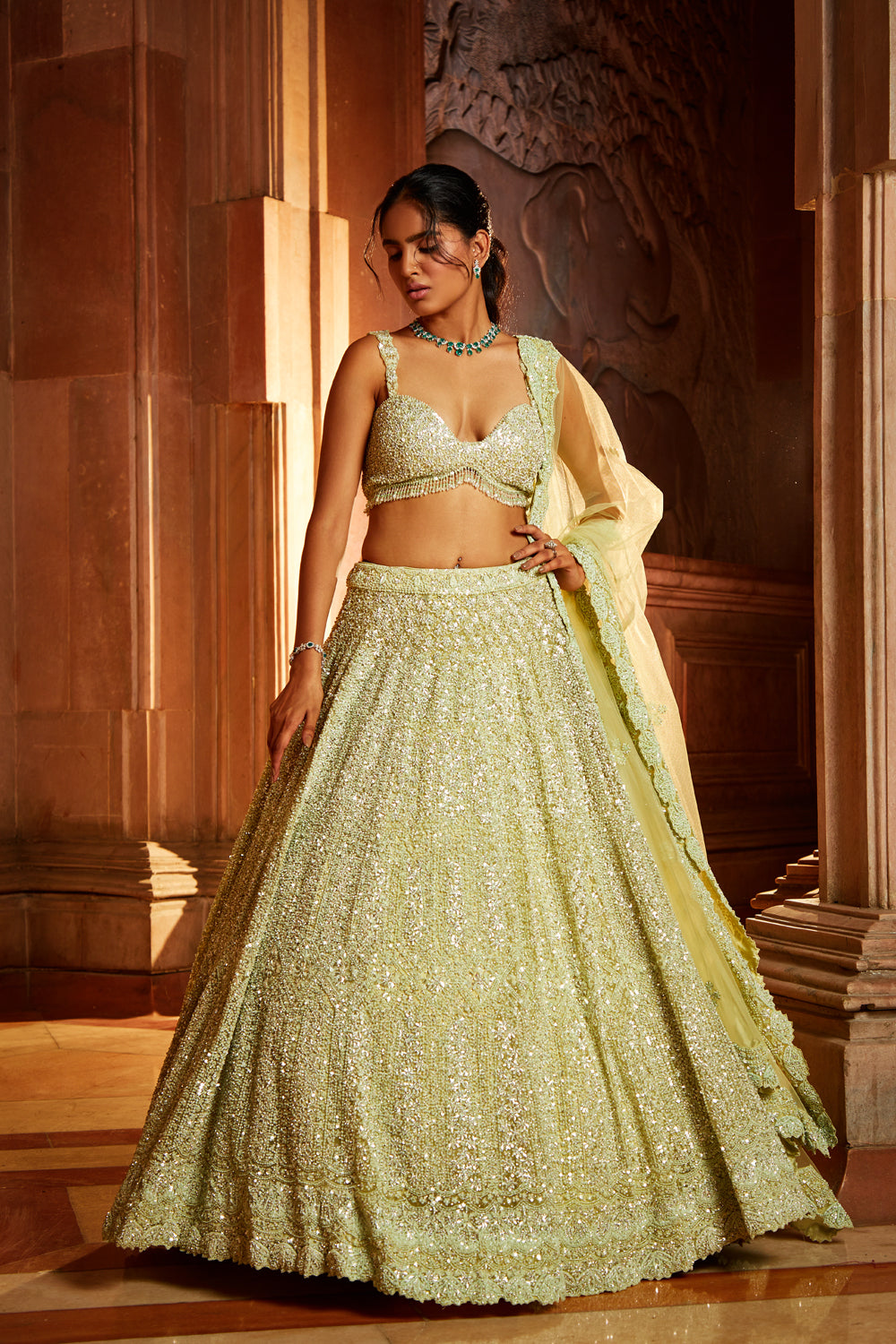Mint Green Tulle Lehenga Choli Dupatta with a Worked Belt