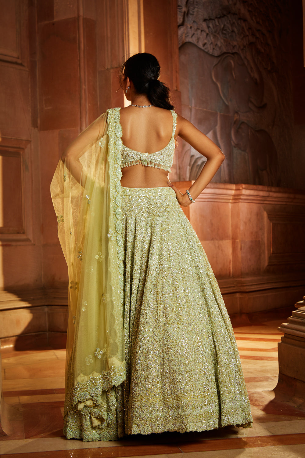 Nude Pink Tulle Lehenga Choli Dupatta Set with Worked Belt main image 0