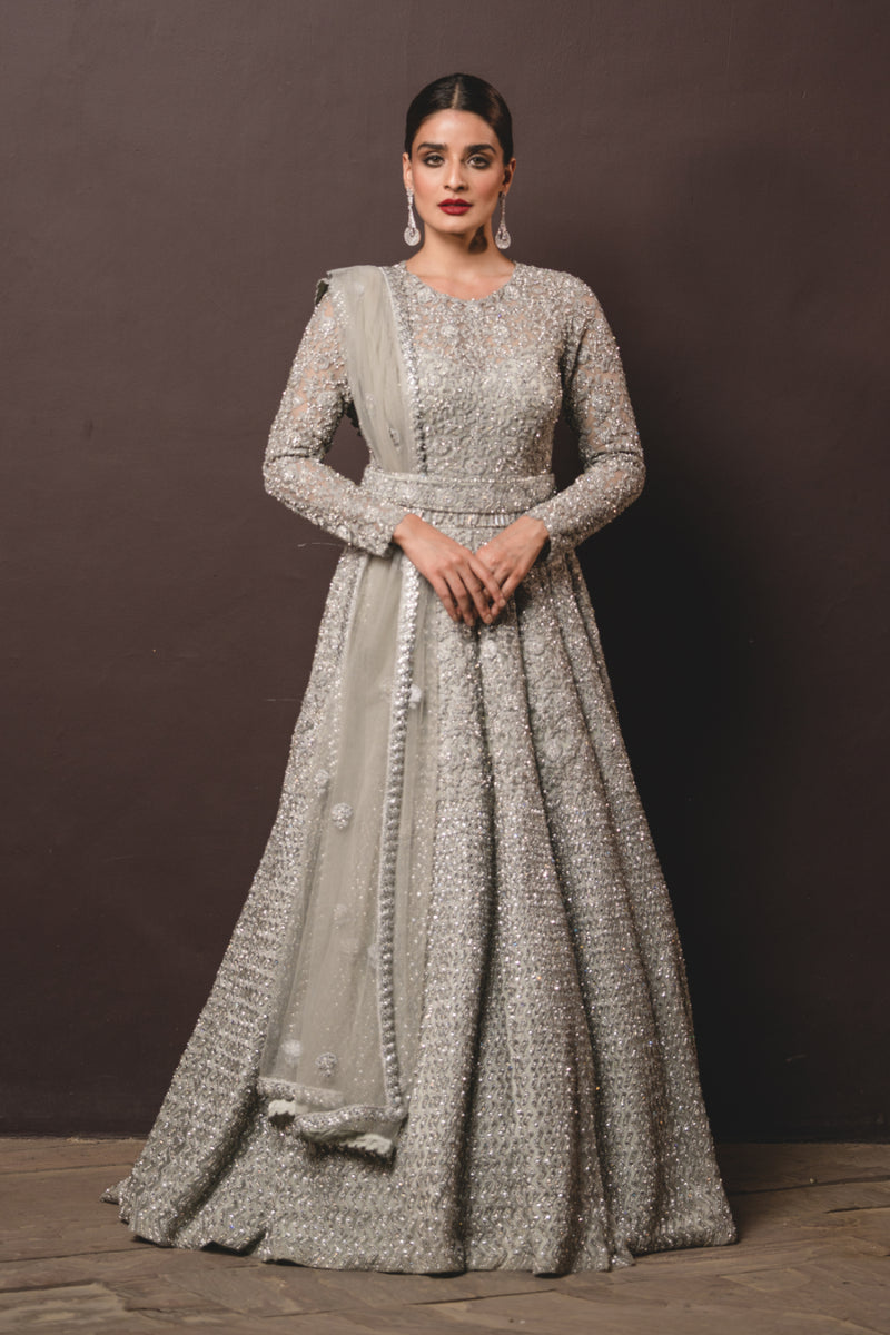 Grey Tulle Gown & Dupatta With Trail