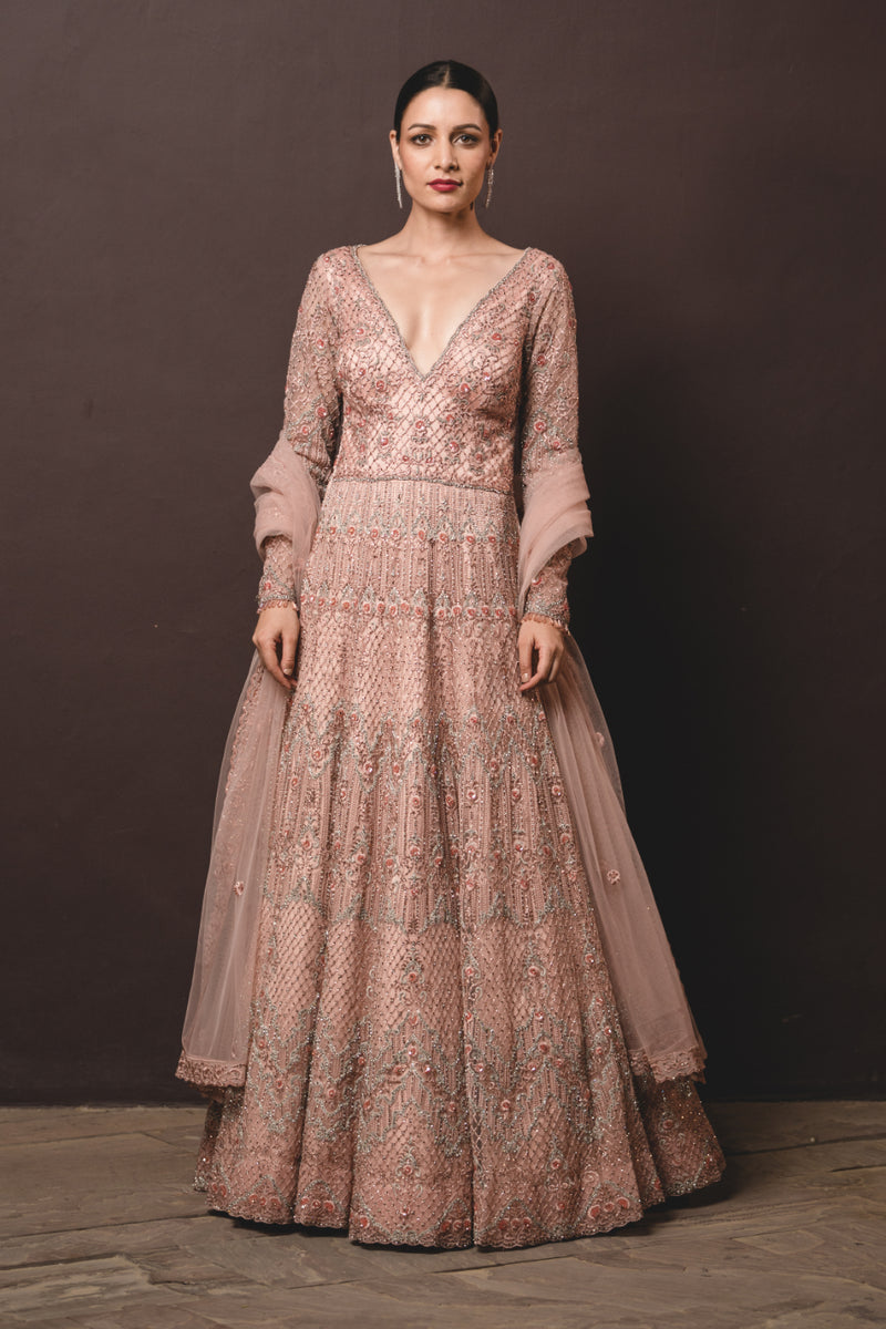 Pink Bandhani Printed Rayon Gown With Dupatta