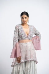 Lavender Tulle Peplum With Grey Layered Georgette Sharara