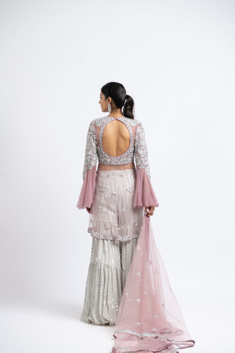 Lavender Tulle Peplum With Grey Layered Georgette Sharara