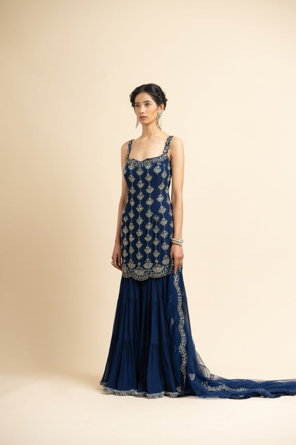 Navy Tulle Kurta And Dupatta With Georgette Sharara