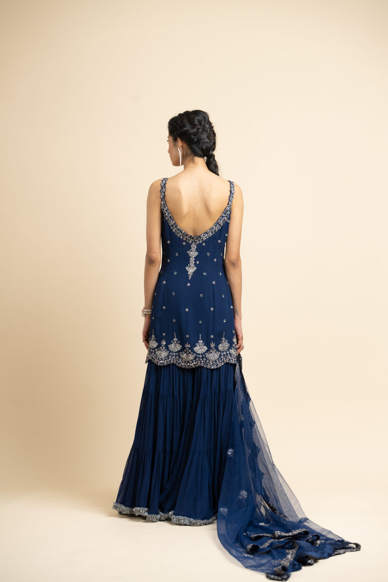 Navy Tulle Kurta And Dupatta With Georgette Sharara