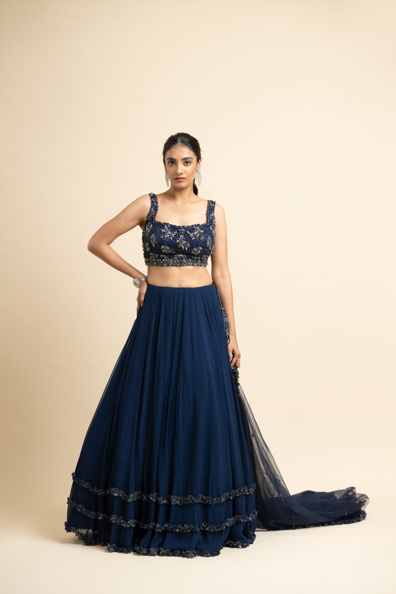 Navy Georgette Lehenga With Tulle Choli And Dupatta