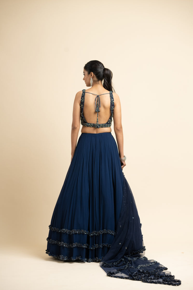 Navy Georgette Lehenga With Tulle Choli And Dupatta