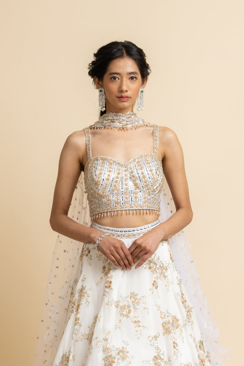 Off White Embroidered Lehenga With Bustier And Stylised Dupatta