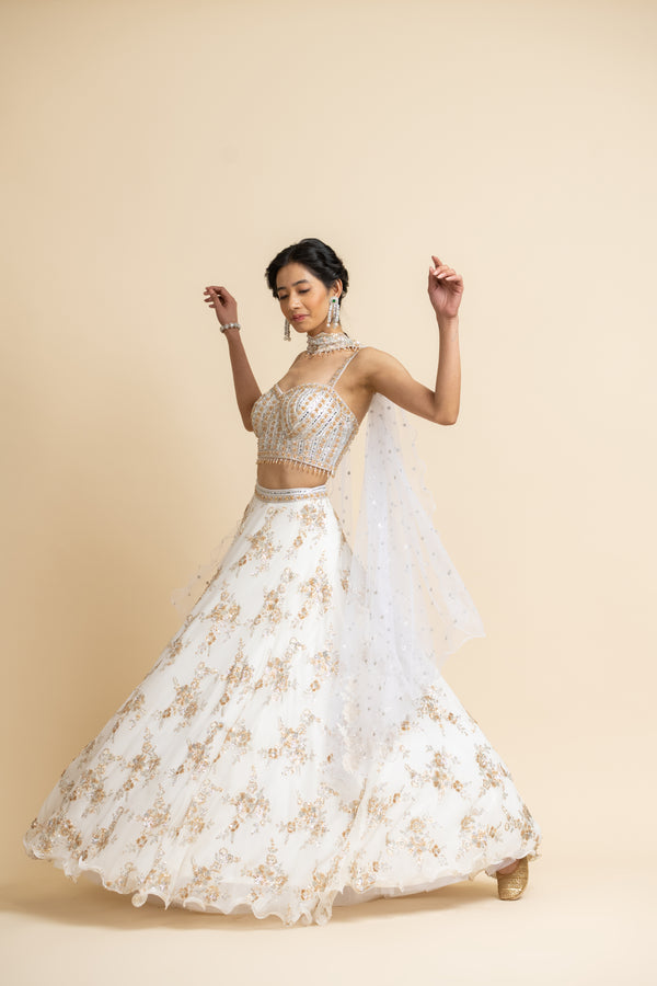 Off White Embroidered Lehenga With Bustier And Stylised Dupatta