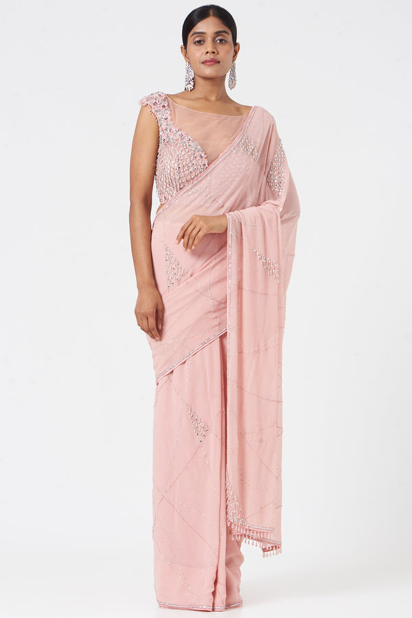 Rose Pink Georgette Saree and Tulle Blouse Set