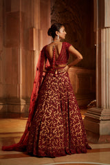 Nude Tulle Lehenga Choli with worked Belt and contrasting Organza Dupatta with an Optional Tulle Veil
