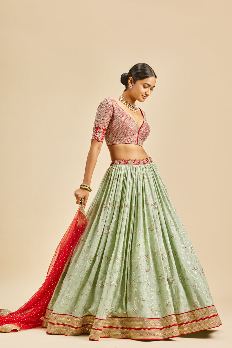 DELIVERY IN 30 DAYS) OLIVE GREEN COLOUR SILK LEHENGA WITH CONTRAST RE –  Kothari Sons