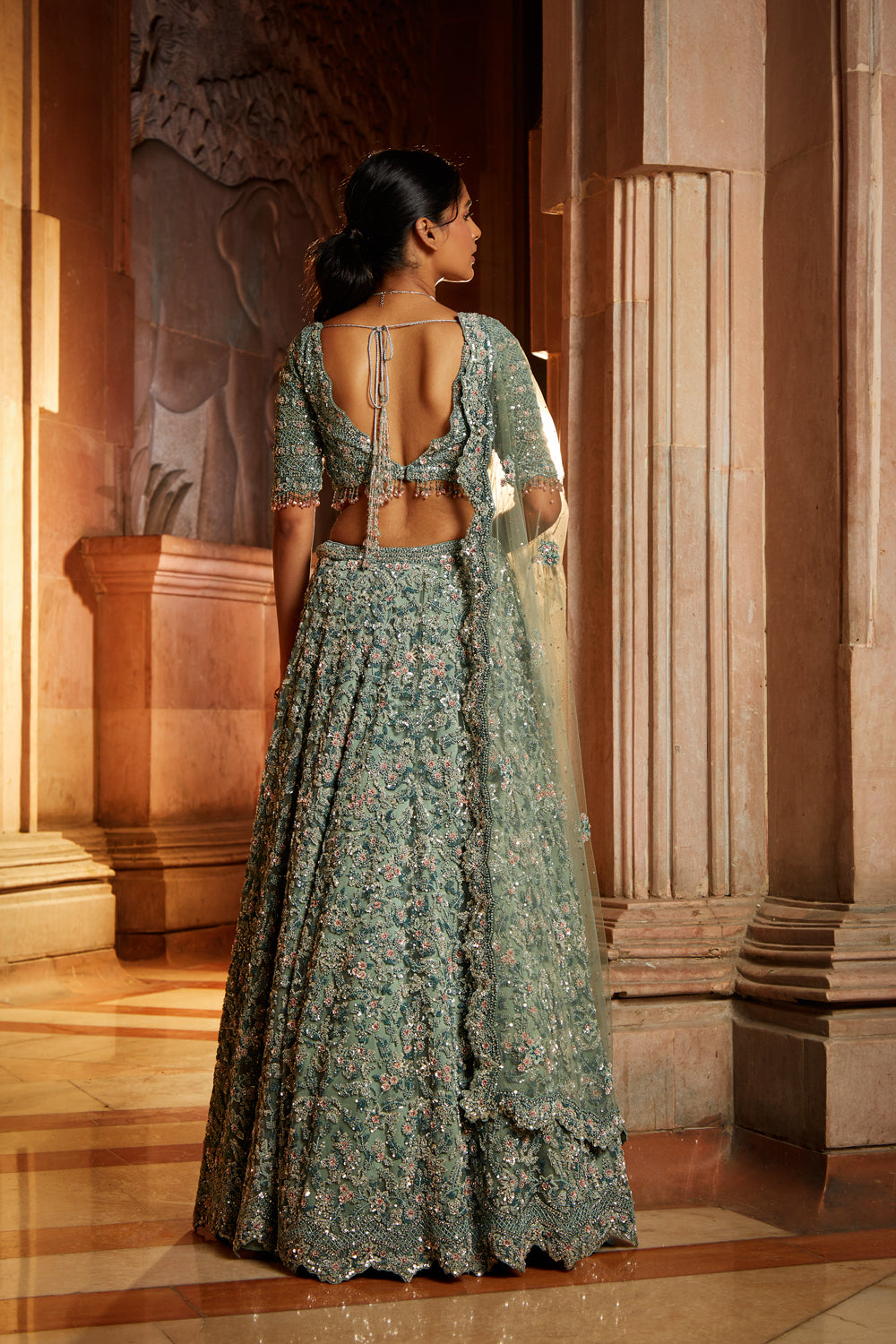 Soft Sage Green Tulle Lehenga Choli and Belt with a Blush Pink Dupatta