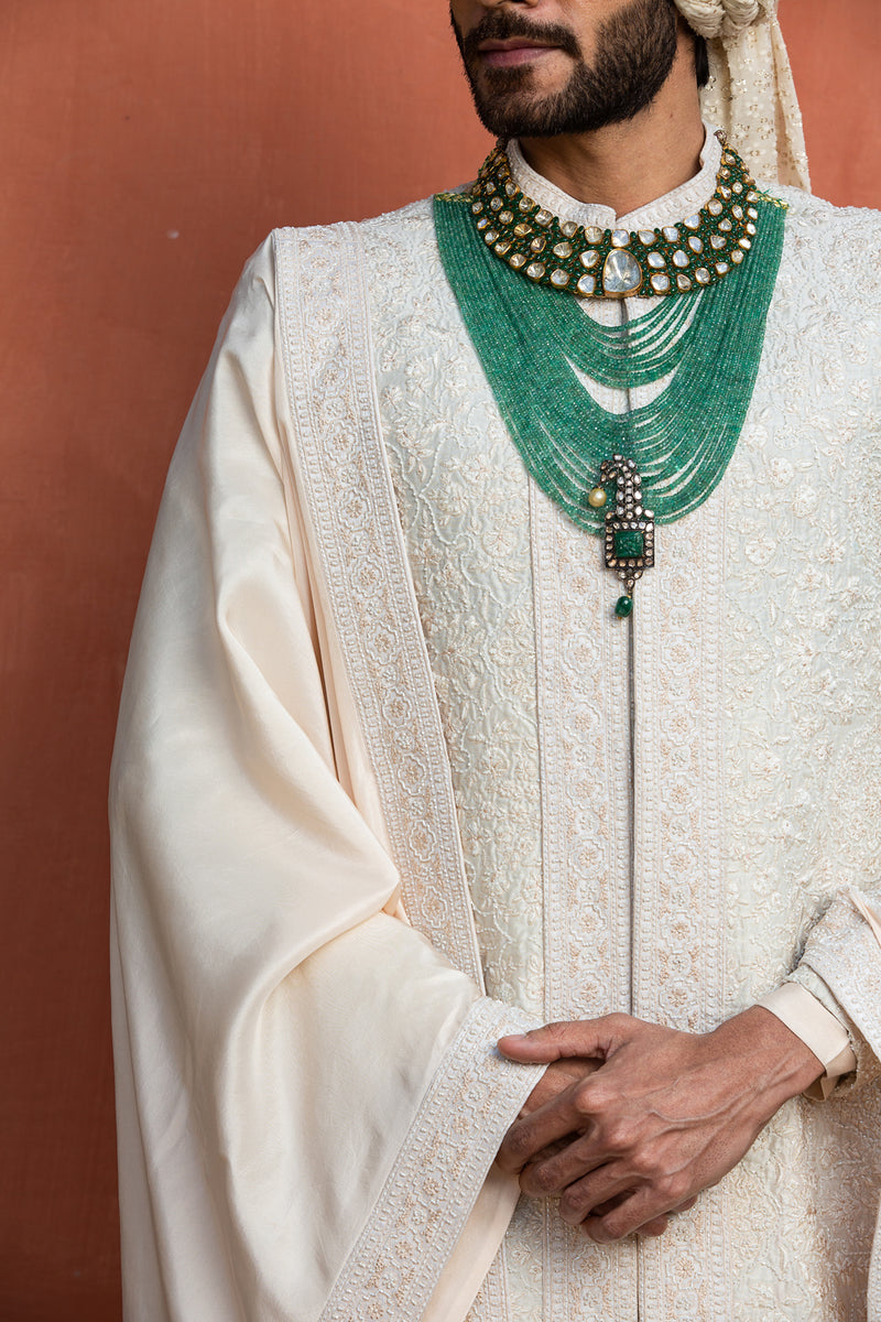 Ivory Embroidered Raw Silk Achkan with Kurta and Trouser