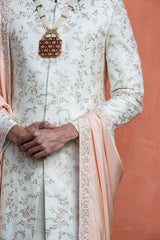 Ivory Raw Silk Embroidered Sherwani with Monga Tussar Silk Kurta and Churidar