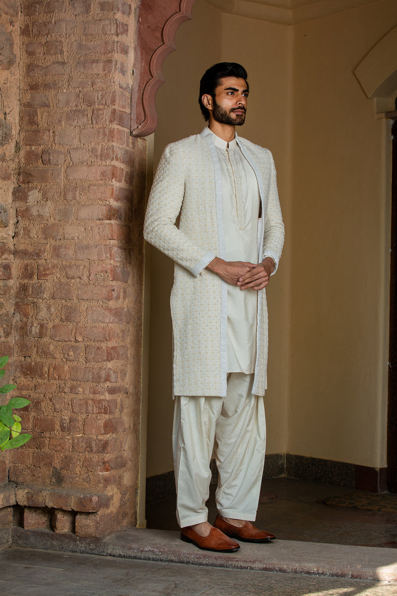 Ivory Embroidered Long Jacket with Kurta and Salwar