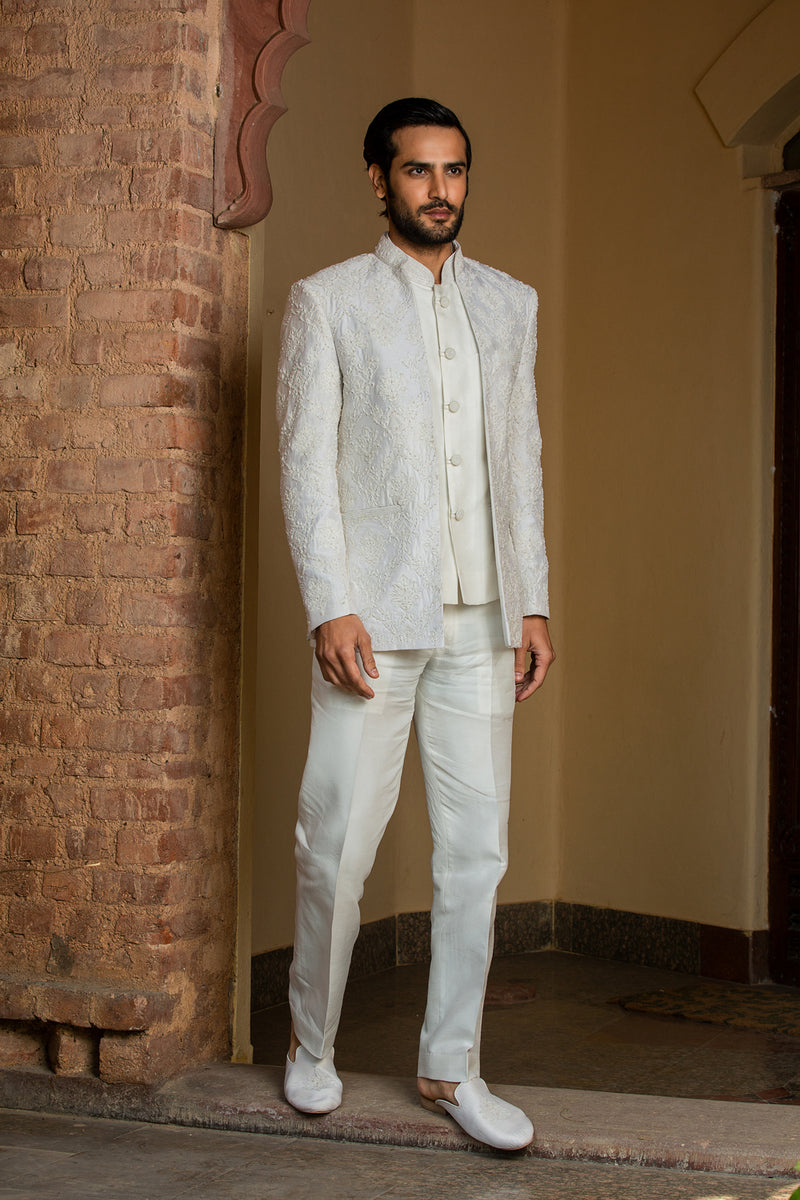 Ivory Raw Silk Short Embroidered Jacket with Vest and Pant
