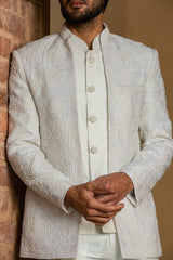 Ivory Raw Silk Short Embroidered Jacket with Vest and Pant