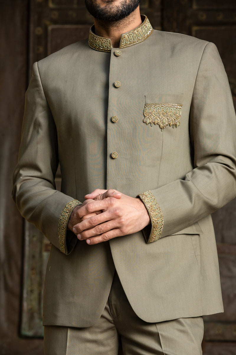 Olive Green Jodhpuri Suit Zardozi Embroidered