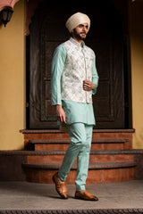 Cream Matka Embroidered Jacket with Mint Green Kurta and Pants
