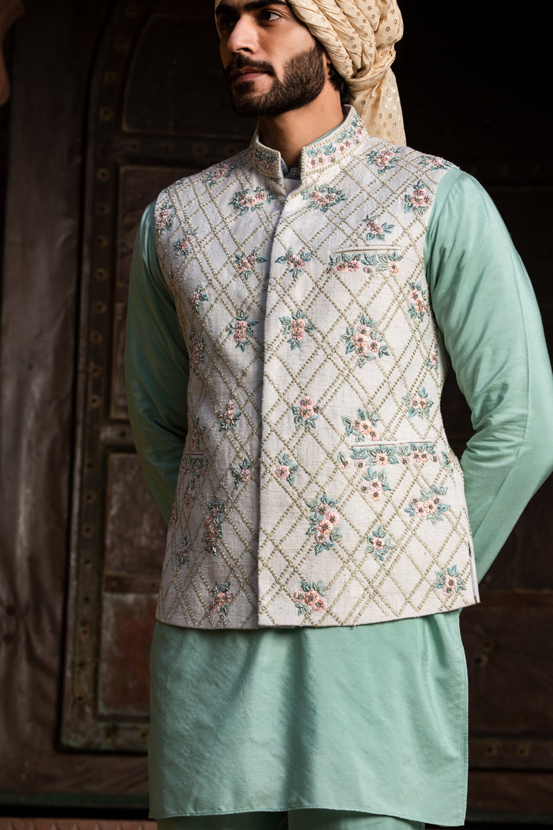 Cream Matka Embroidered Jacket with Mint Green Kurta and Pants