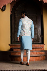 Ivory Floral Matka Jacket with Poder Blue Kurta and Ivory Dhoti