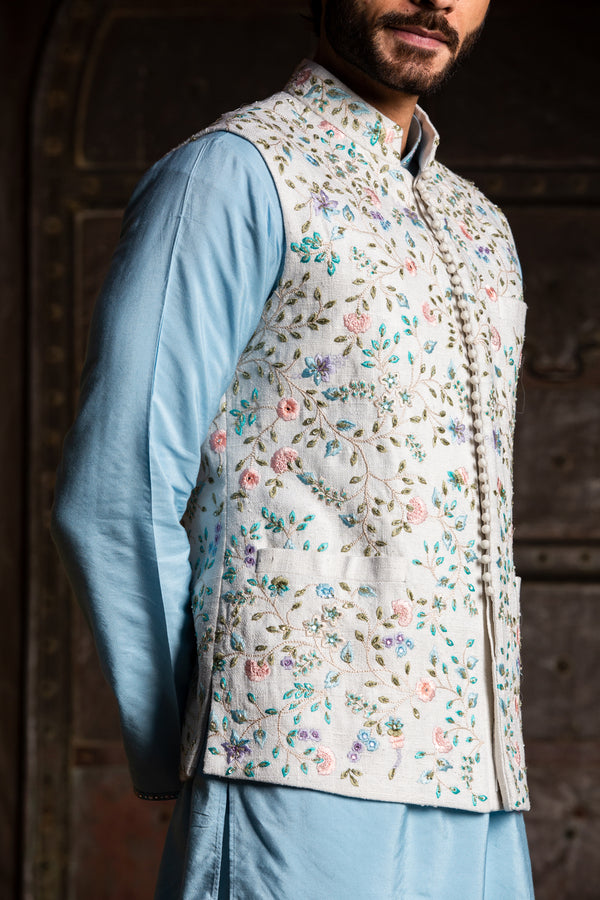 Ivory Floral Matka Jacket with Poder Blue Kurta and Ivory Dhoti