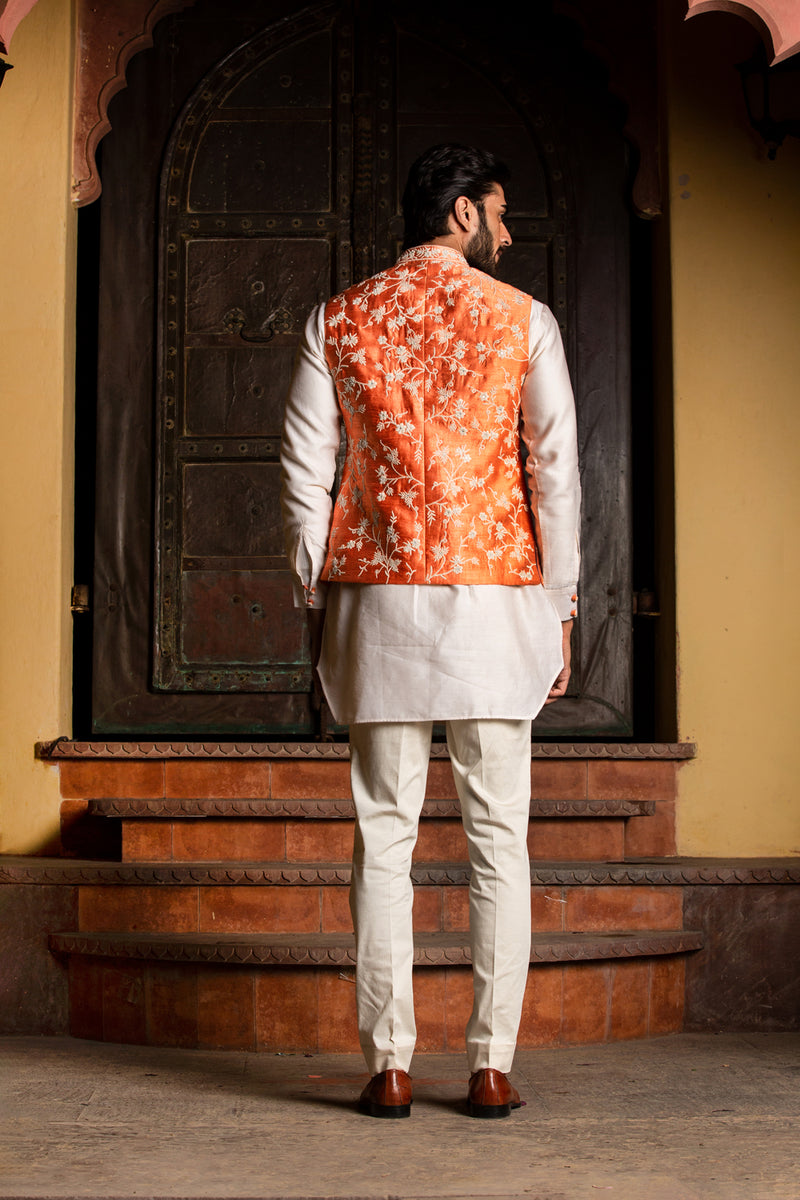 Orange Raw Silk Embroidered  Nehru Jacket with Kurta and Pant