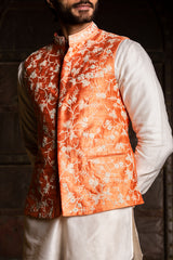 Orange Raw Silk Embroidered  Nehru Jacket with Kurta and Pant