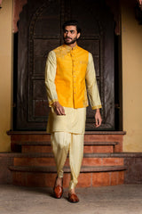 Lemon Kurta Dhoti Set with Yellow Raw Silk Embroidered Jacket