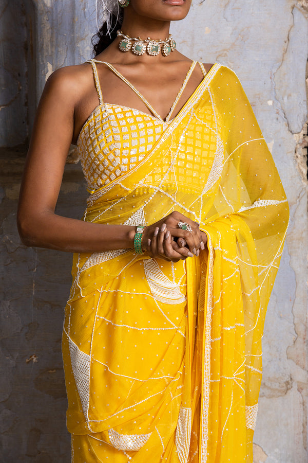 Yellow Chiffon Saree With Organza Blouse