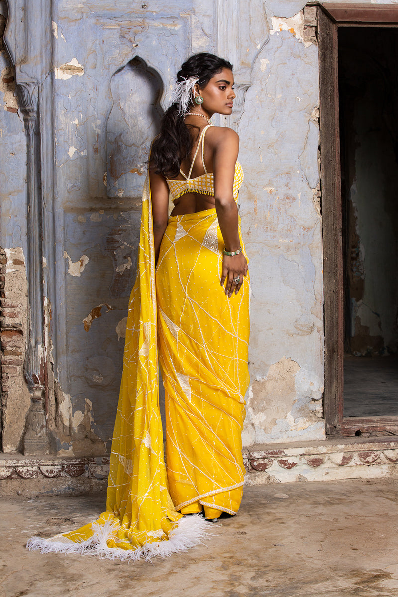 Yellow Chiffon Saree With Organza Blouse