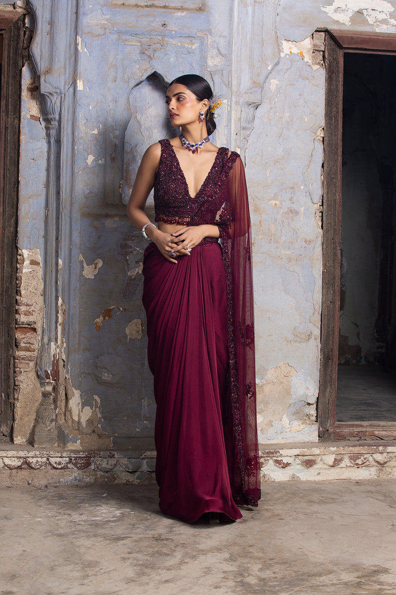 Sneha burgundy Banarasi silk saree – Narkis Fashion