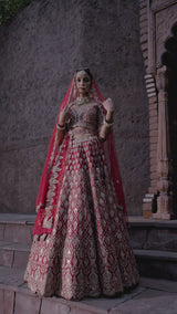 Red Raw Silk Lehenga Set With Leather Applique